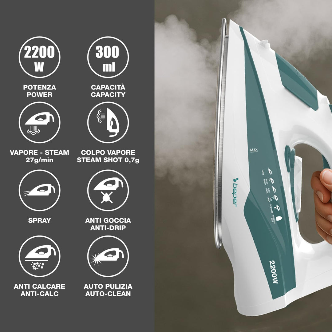 BEPER P204FER005 SteamPro 300 Dampfbügeleisen – Stahlsohle, 300-ml-Wassertank, 2200 W – Dauerdampf 2