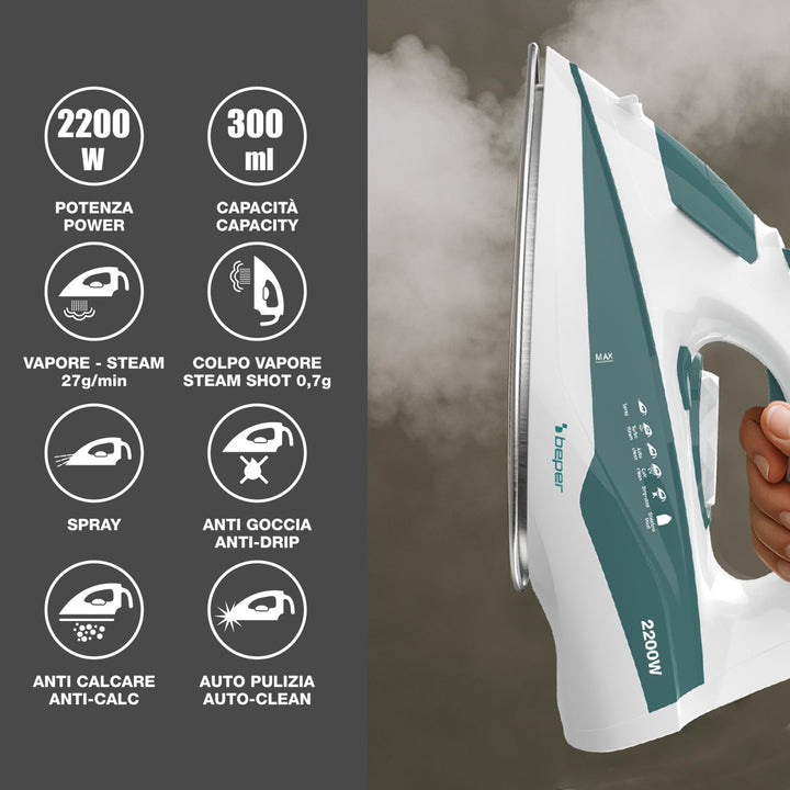BEPER P204FER005 SteamPro 300 Dampfbügeleisen – Stahlsohle, 300-ml-Wassertank, 2200 W – Dauerdampf 2