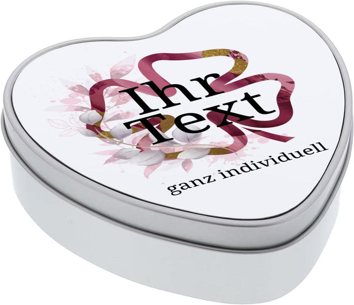 STEMPEL-FABRIK – personalisierbare Herzdose mit Name oder Wunschtext – Aquarell Motiv mit rotem Klee