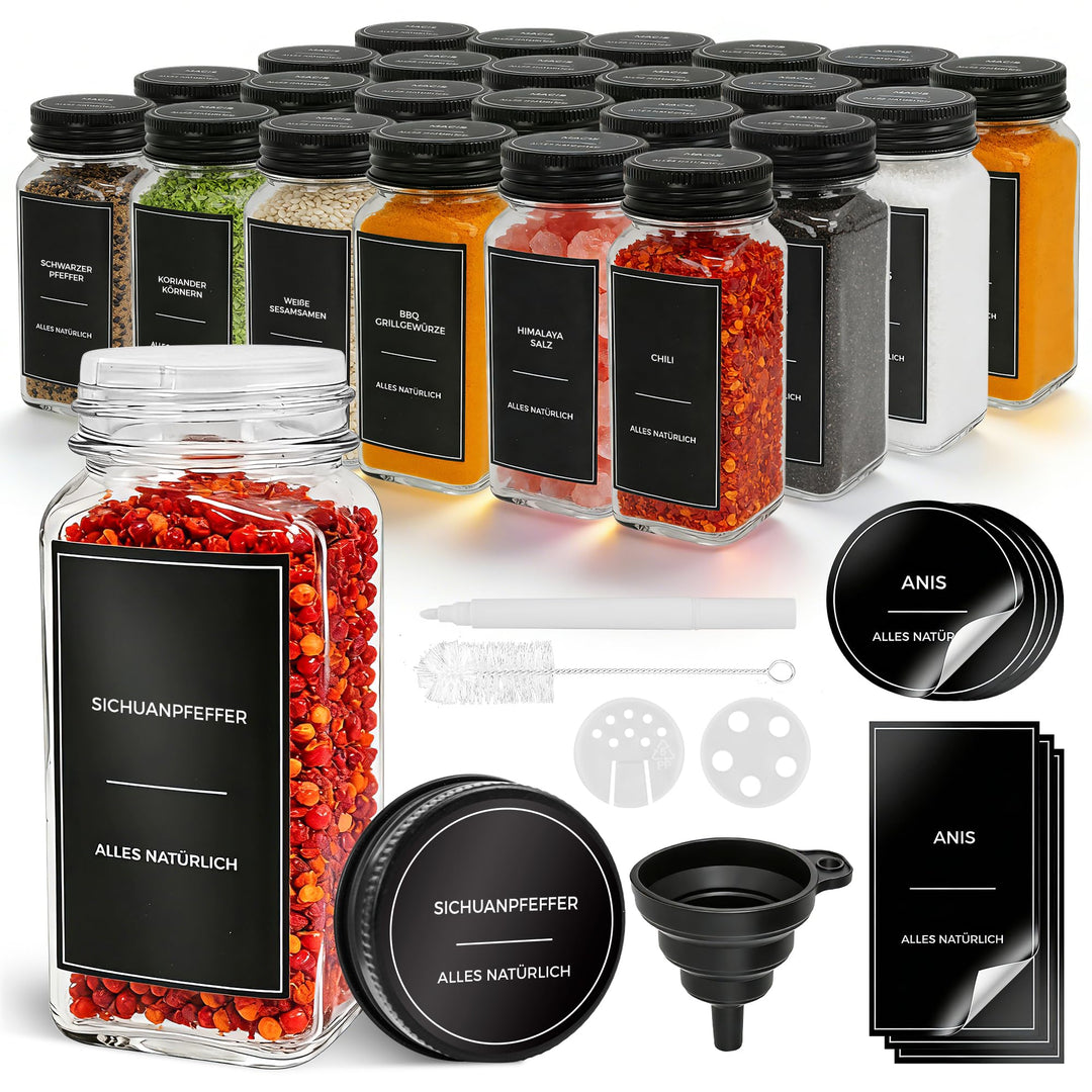 Gewürzgläser Set Eckig 24x120ml – Luftdichte Gewürzdosen Glas mit Streuaufsätzen & Etiketten – Schwa