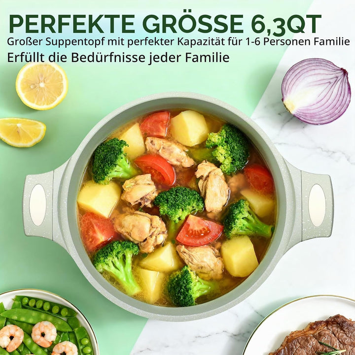 Antihaft Suppentopf 6,6L / 28 cm aus Aluminium mit Deckel &amp; Induktionsboden | Grosser Kochtopf für I