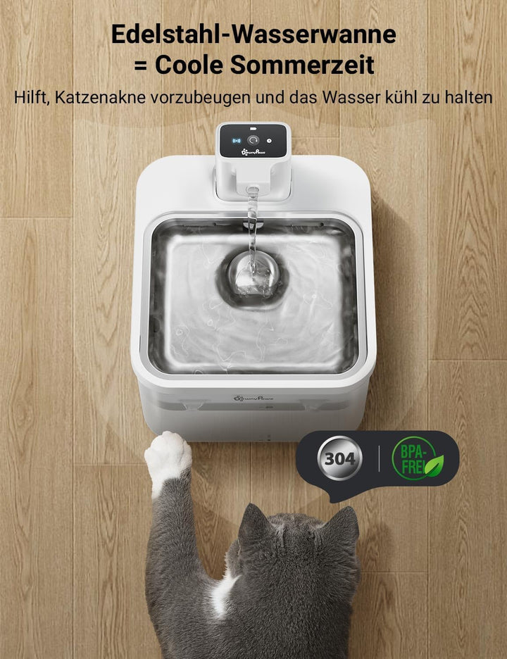 DownyPaws Katzenbrunnen Kabellos, 2.5L Trinkbrunnen für Katze mit Bewegungsmelder, Batteriebetrieben