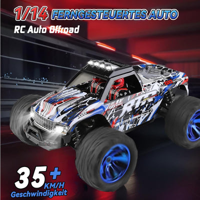 Ferngesteuertes Auto 1/14, 35+KM/H RC Auto mit Lichtern, Monstertruck Ferngesteuert mit 2 Akku 30 Mi