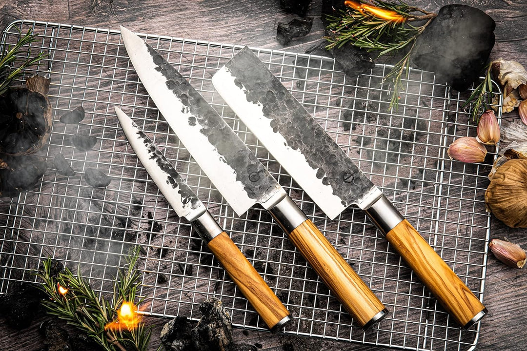 Forged Olive Messerset 3-teilig, handgefertigt, in Holzkiste