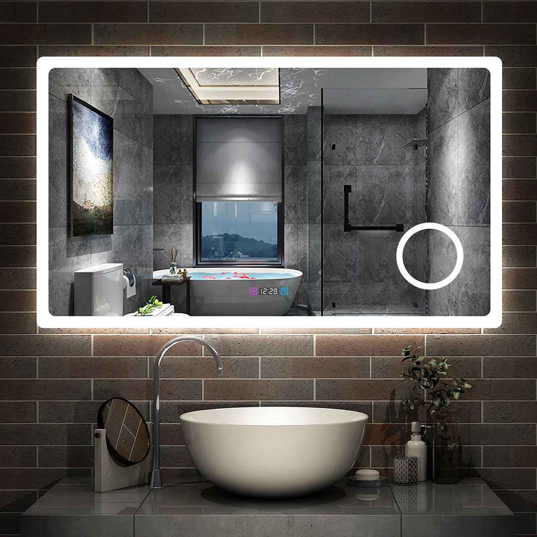 Aica Sanitär LED Badspiegel 120×70cm 3 Lichtfarbe 2700-6500K dimmbar Wandspiegel mit Uhr, Touch, Bes