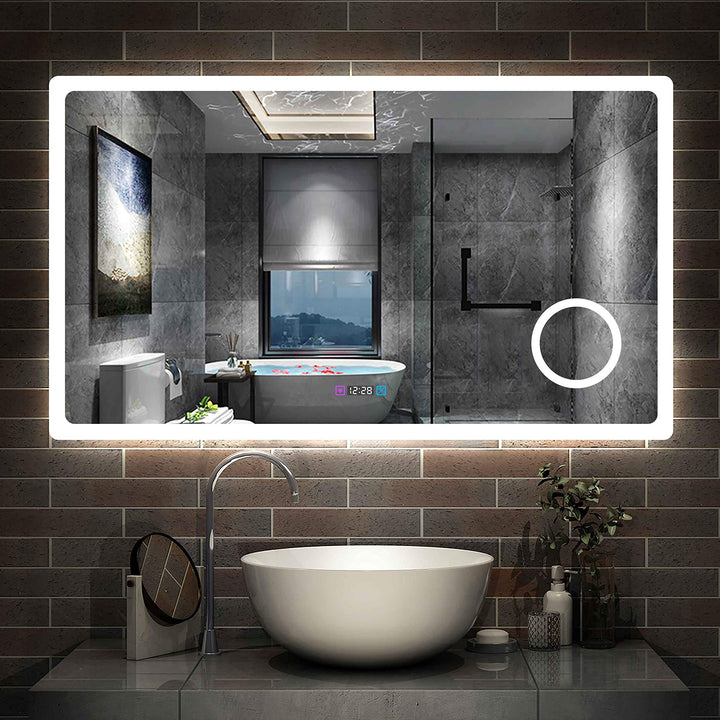 Aica Sanitär LED Badspiegel 120×70cm 3 Lichtfarbe 2700-6500K dimmbar Wandspiegel mit Uhr, Touch, Bes
