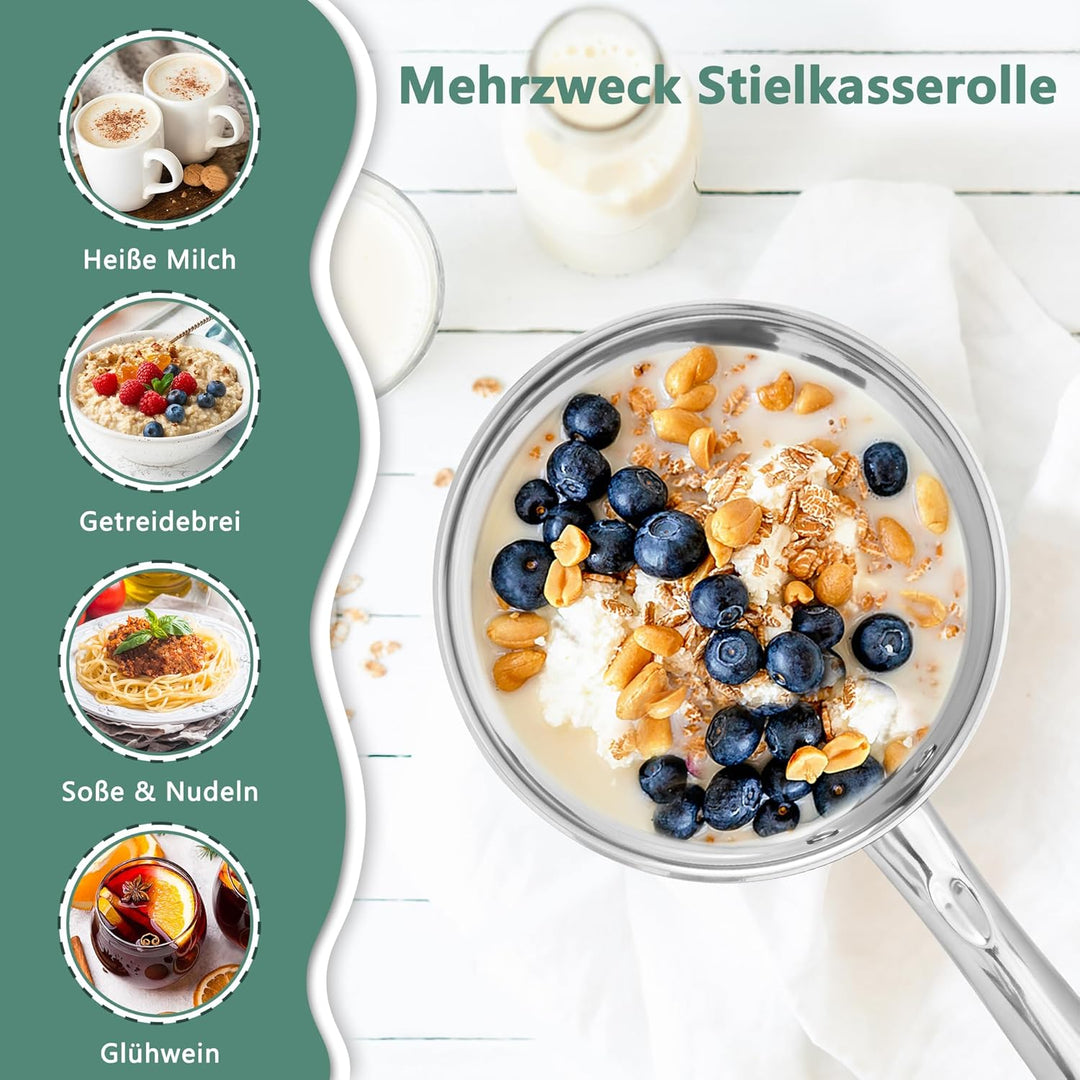 TEAMFAR Stielkasserolle 16cm, Edelstahl Milchtopf Kochtopf Induktion mit 3-Lagen Boden für alle Herd