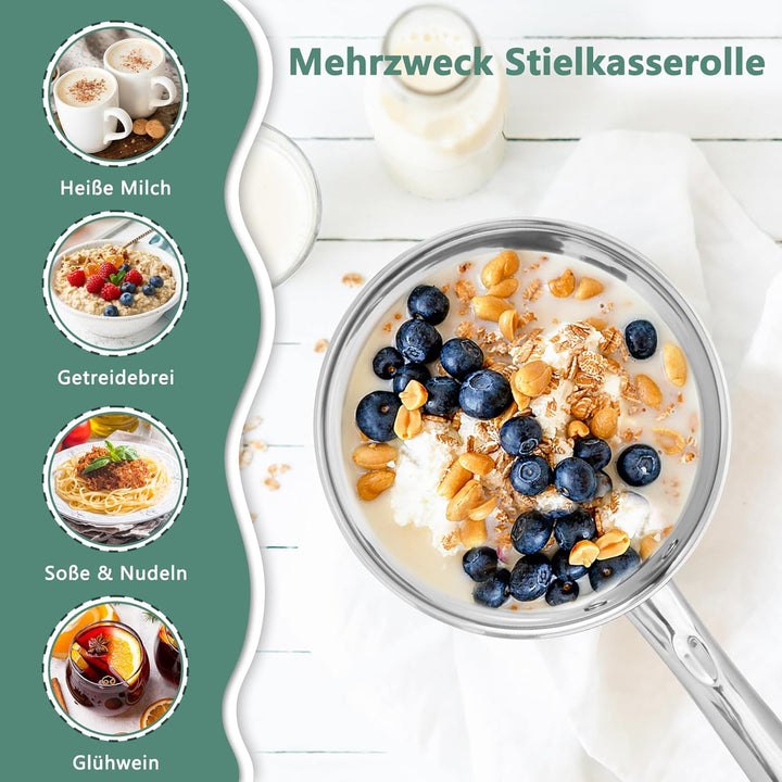 TEAMFAR Stielkasserolle 16cm, Edelstahl Milchtopf Kochtopf Induktion mit 3-Lagen Boden für alle Herd