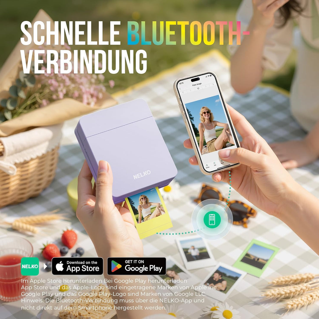 Nelko Fotodrucker PP01 Farbe Tragbarer Mini Fotodrucker für Smartphone mit 20 Fotopapier, Tintenstra