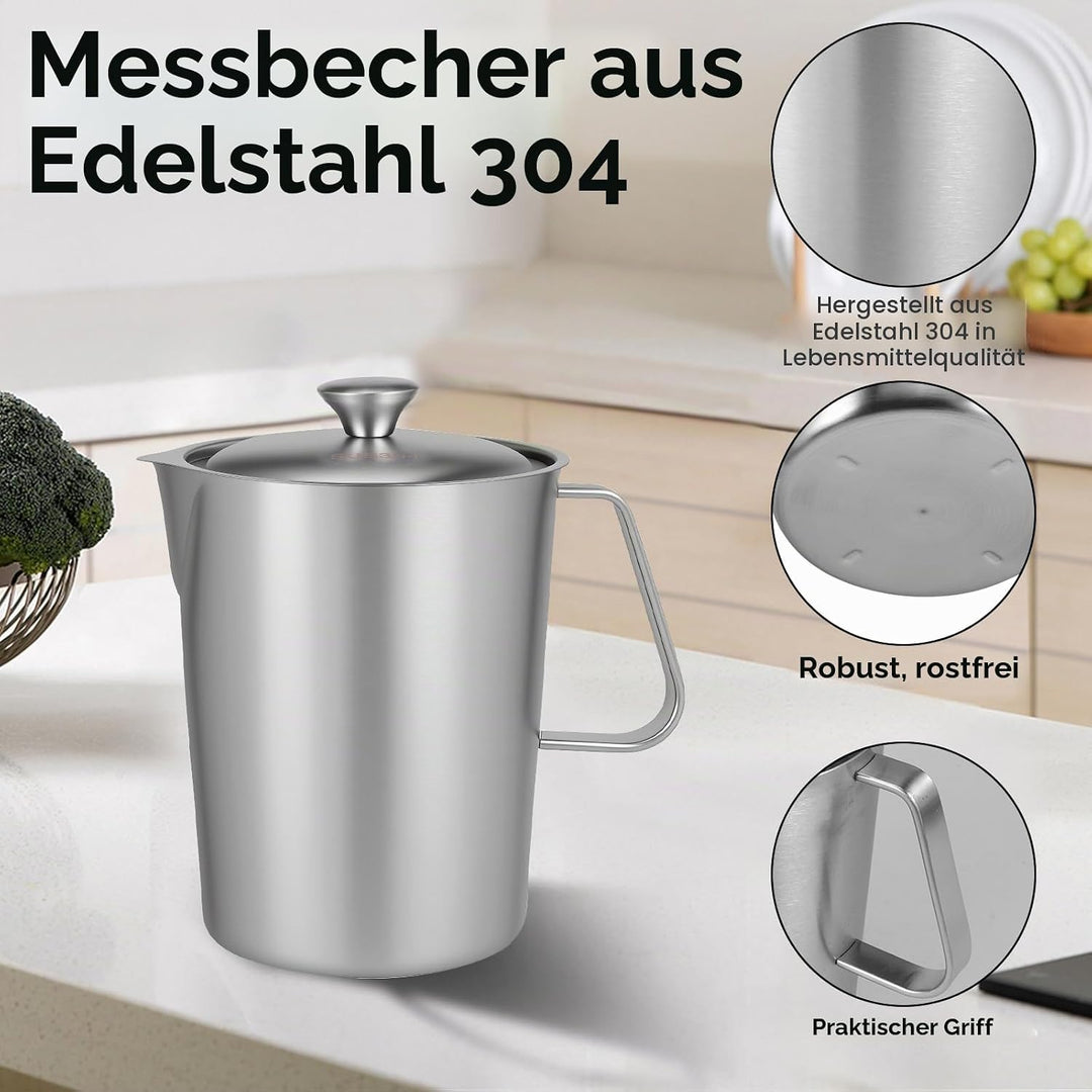 1000ml Milchkännchen mit Feiner Graduierung Deckel Messbecher Edelstahl Milk Pitcher Milchkanne Edel