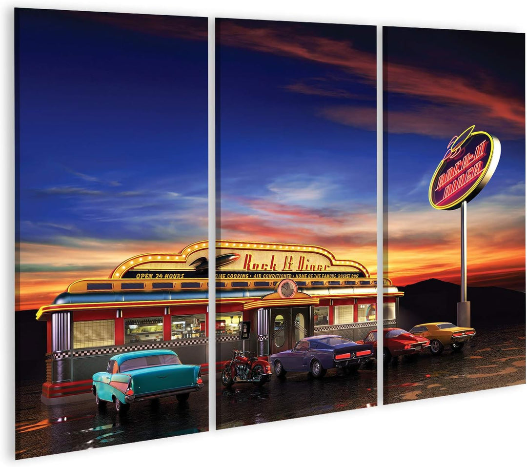 islandburner Bild auf Leinwand Retro American Diner In Der Abenddämmerung Wandbild Poster Kunstdruck
