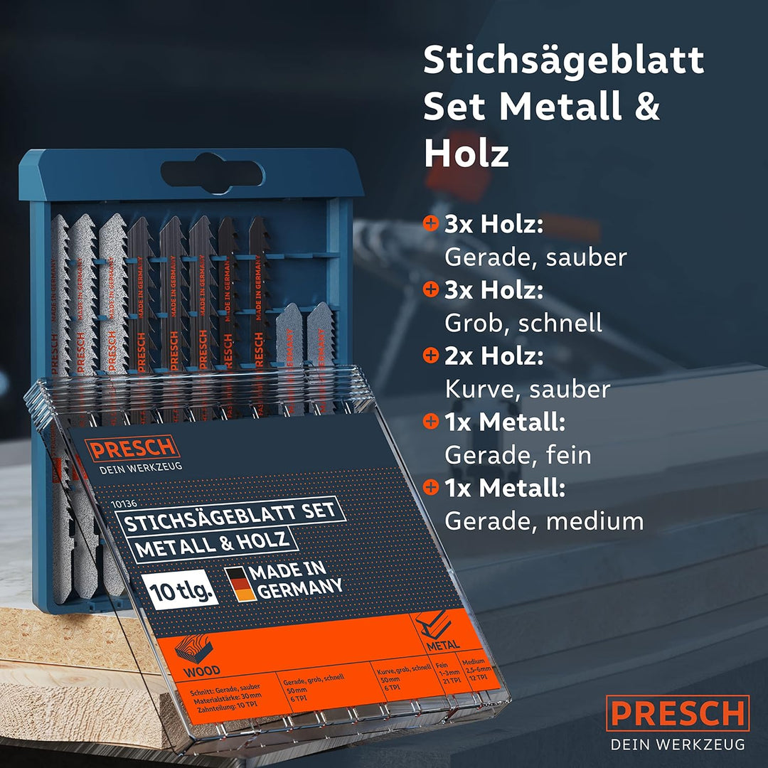 Presch Stichsägeblätter Set Metall & Holz 10 Stk. - Stichsägeblatt Set für alle Anwendungen - Profi