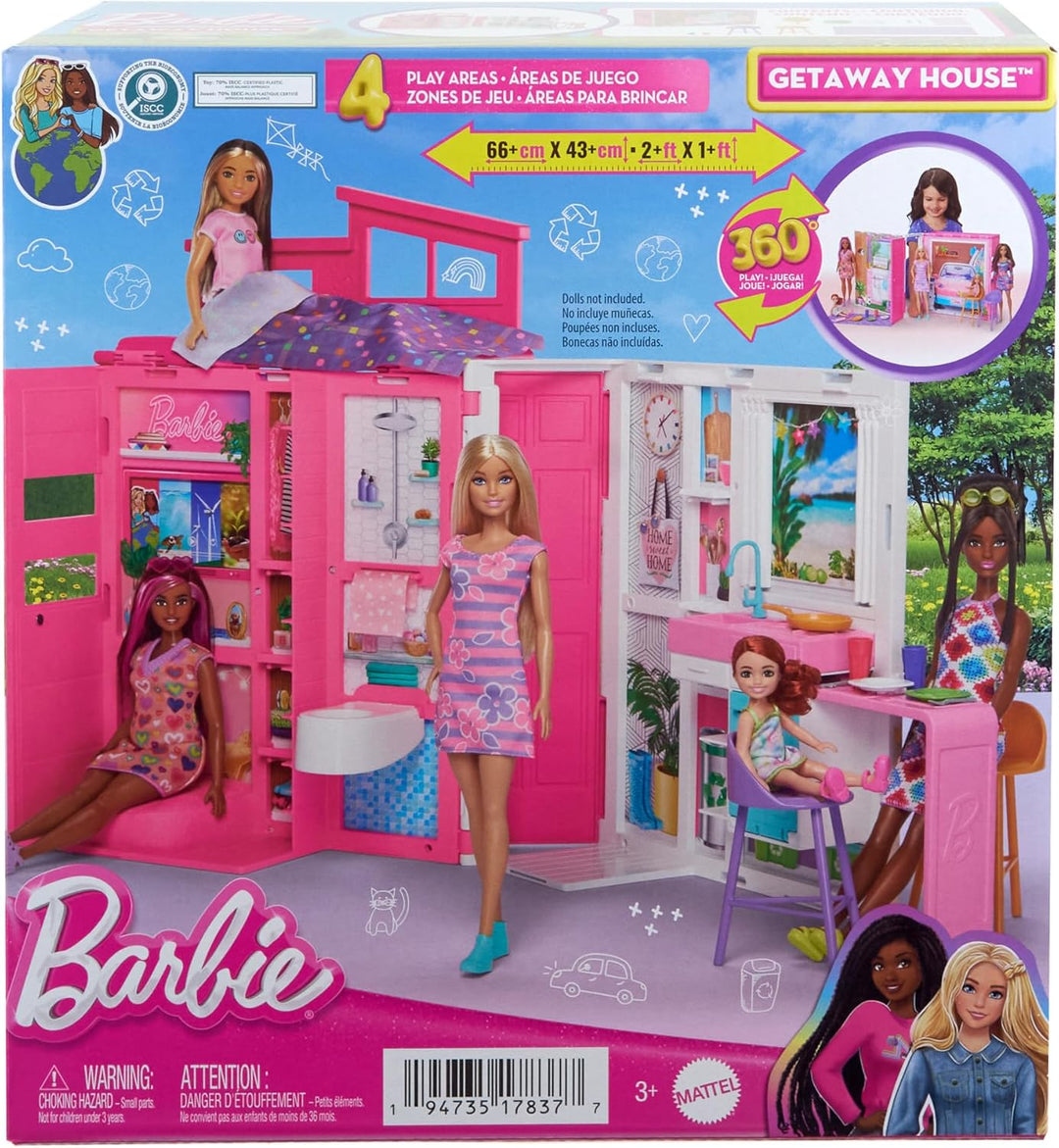 Barbie-Puppenhaus Spielset, Ferienhaus mit 4 Spielbereichen, darunter Küche, Badezimmer, Schlafzimme