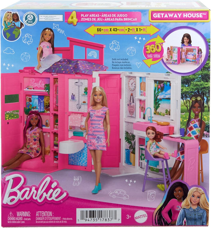 Barbie-Puppenhaus Spielset, Ferienhaus mit 4 Spielbereichen, darunter Küche, Badezimmer, Schlafzimme