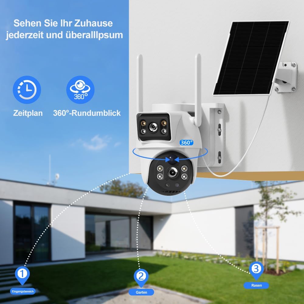 XIAOVV 2K Solarbetriebene Aussenüberwachungskamera mit Zwei Objektiven,360° Panoramaüberblick, Schut
