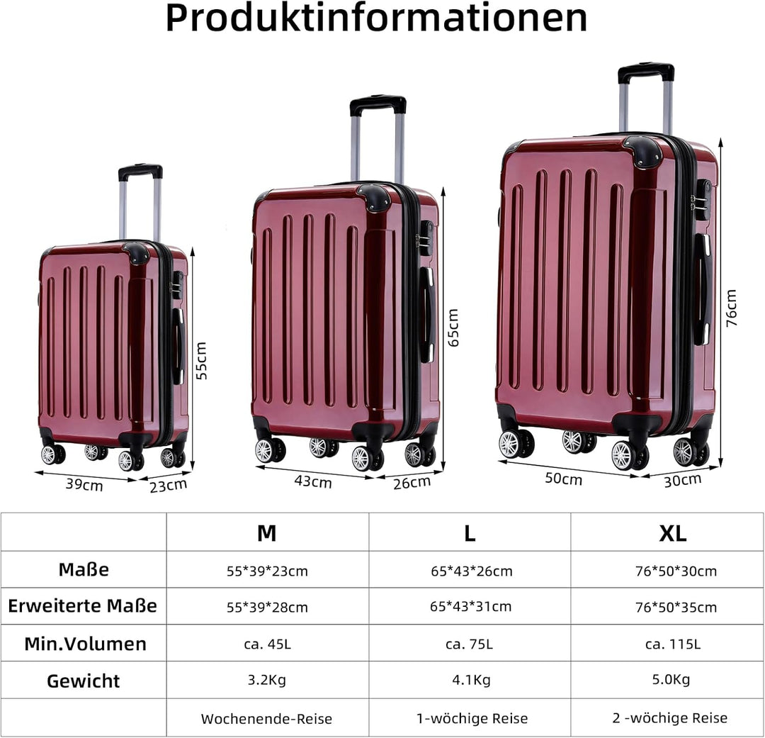 BEIBYE Hartschalen Koffer Trolley Rollkoffer Reisekoffer 4 Zwillingsrollen Polycabonat (Rot, Handgep