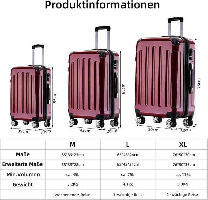 BEIBYE Hartschalen Koffer Trolley Rollkoffer Reisekoffer 4 Zwillingsrollen Polycabonat (Rot, Handgep