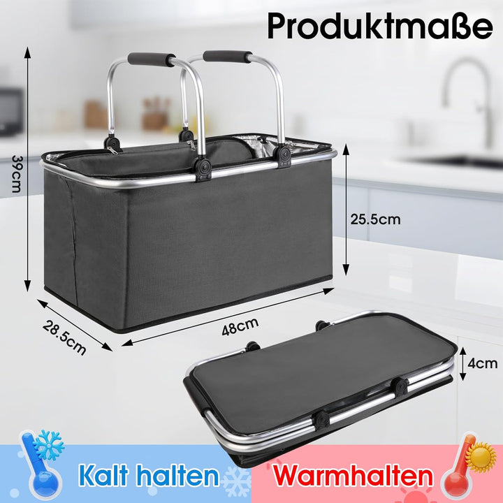 kühlkorb einkaufskorb 30L,Mit Reissverschluss isolierter, Faltbarer Picknickkorb,Klapprahmen aus Alu