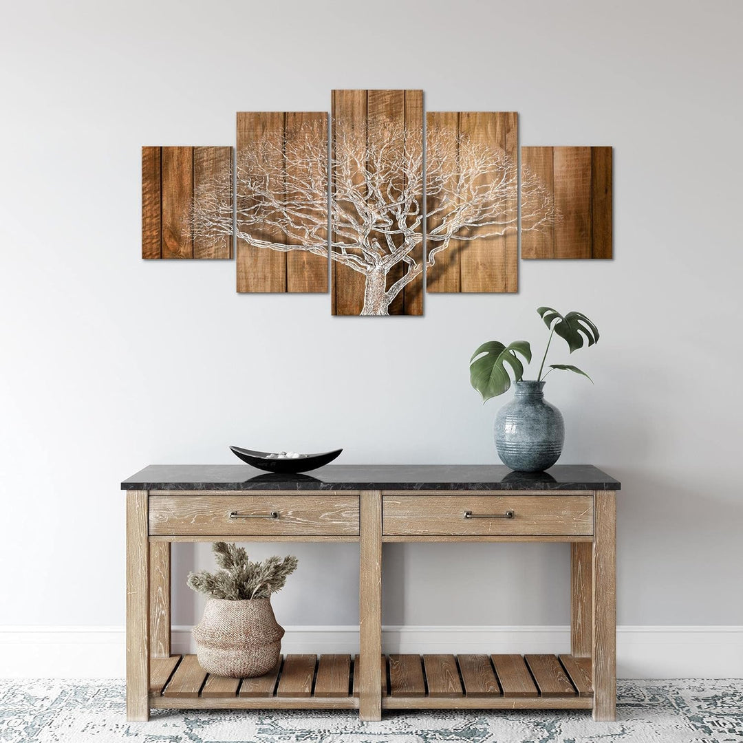 Runa Art Wandbilder Baum Abstrakt 5 Teilig Bild auf Vlies Leinwand Deko Wohnzimmer Holzmotiv Beige B