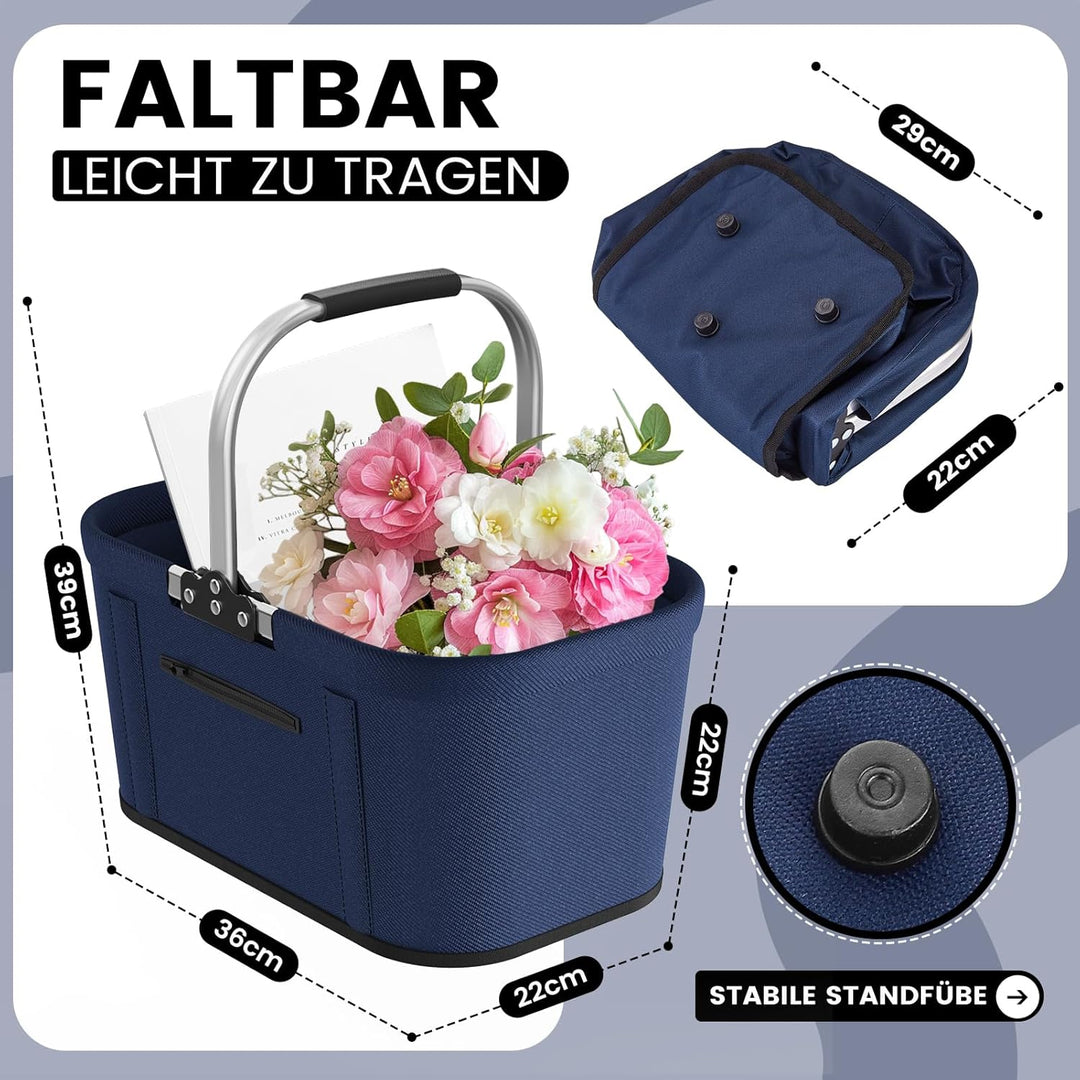 22L Faltbarer Einkaufskorb mit 4 Stützstangen | Stabiler Tragekorb & Picknickkorb | Grosser Faltkorb