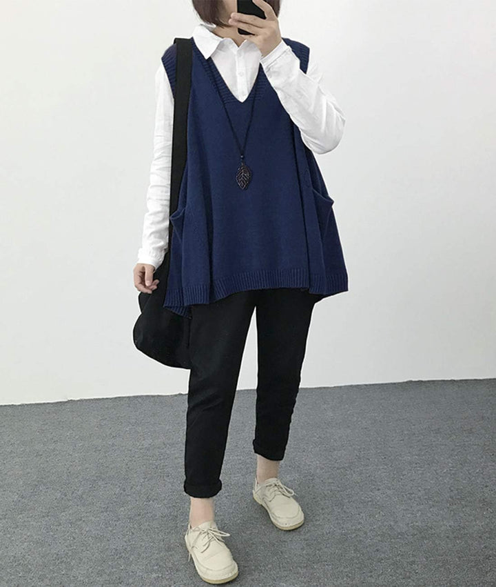 Janein Damen Pullunder ärmellos V Ausschnitt Stricken Weste Oversize Strickweste Beheizbare Tank Top