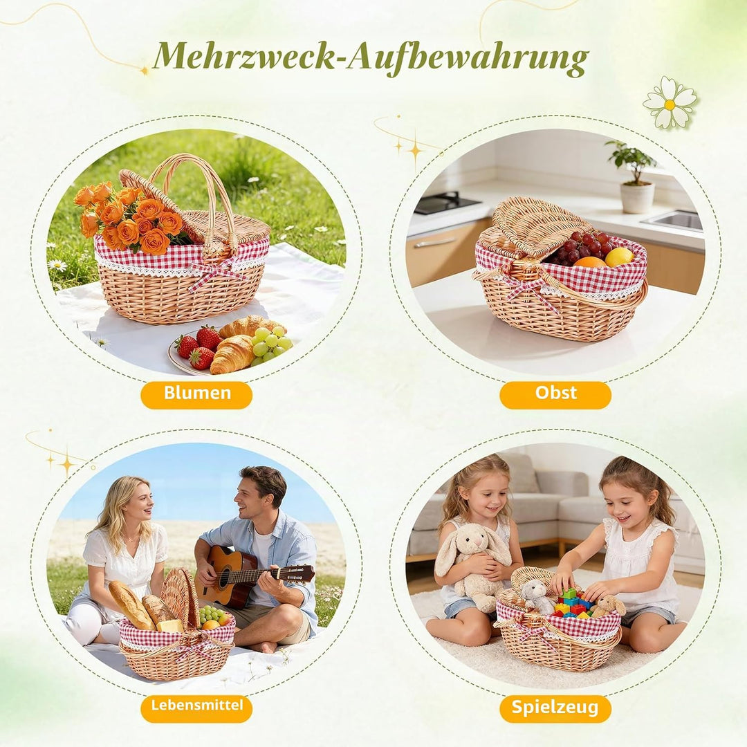 Picknickkorb, Picknickkorb mit Doppelt zu öffnendem Deckel und Klappbarem Griff, Handgewebter Korb m