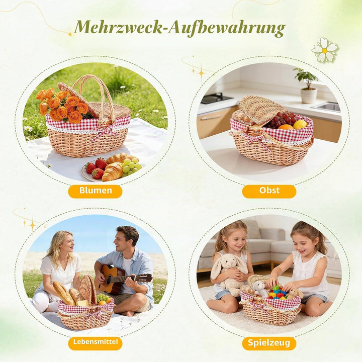 Picknickkorb, Picknickkorb mit Doppelt zu öffnendem Deckel und Klappbarem Griff, Handgewebter Korb m