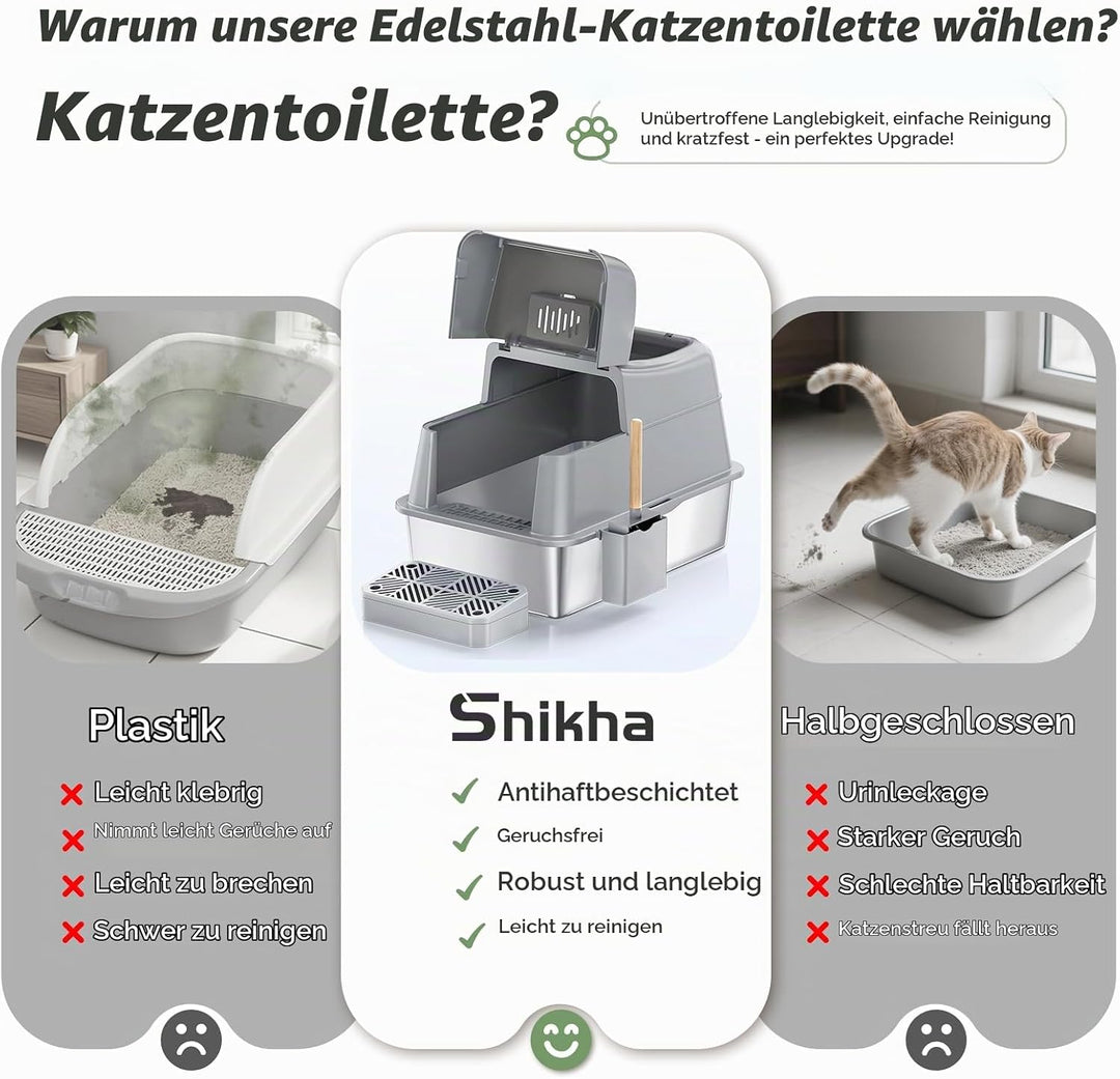 XXL Edelstahl Katzenklo mit Deckel, 110° Flip-Cover Design Geschlossen Katzentoilette aus Edelstahl,
