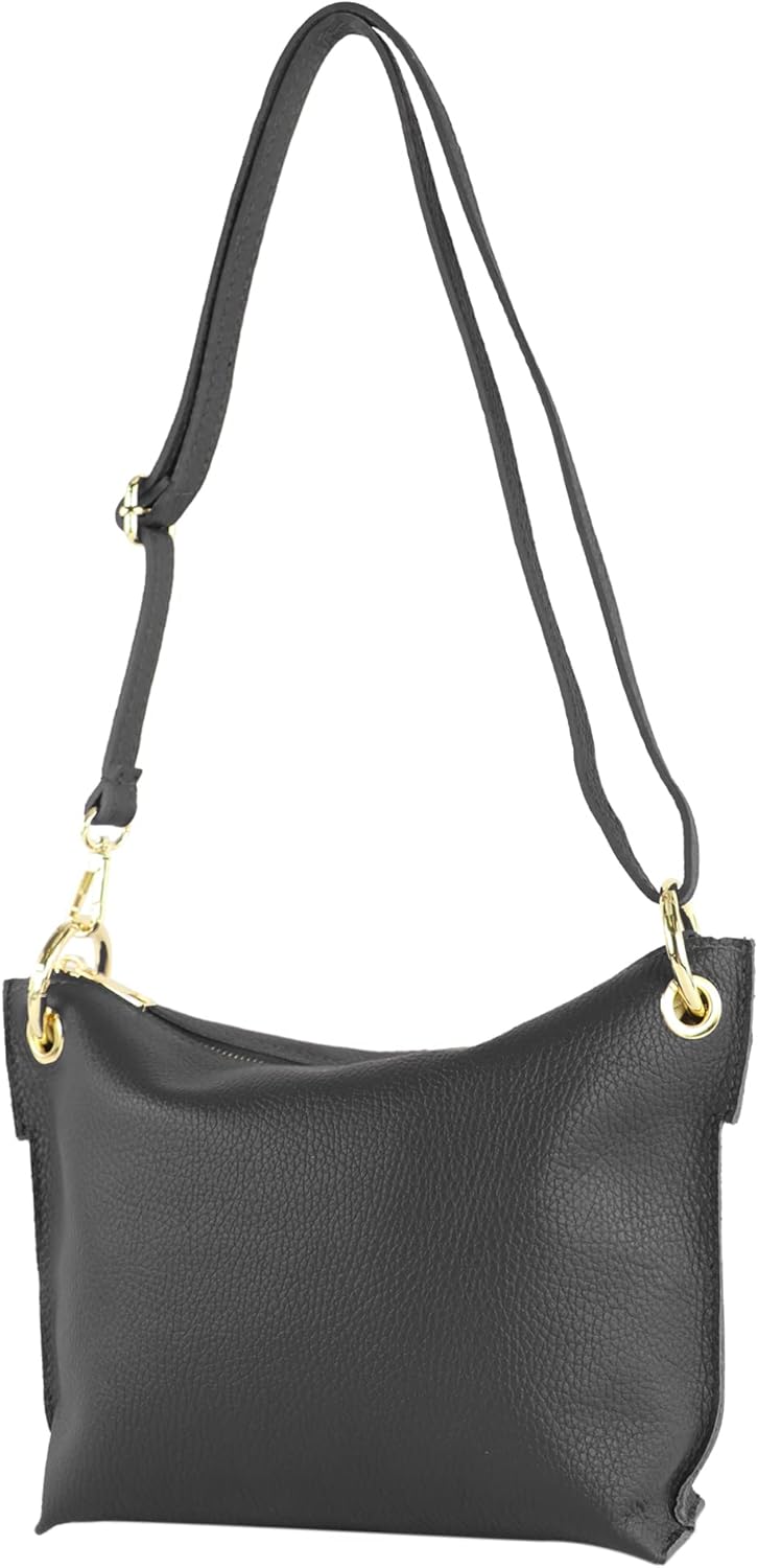 modamoda de - T243 - ital. Umhängetasche Klein Small aus Leder Schwarz, Schwarz
