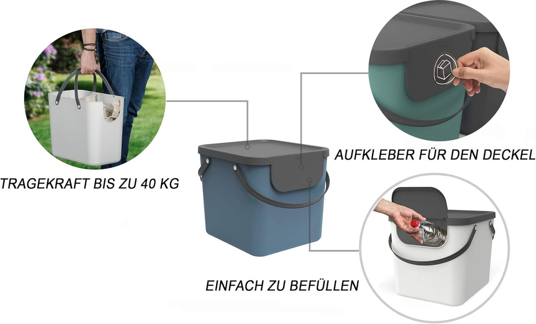 Rotho Albula Mülltrennungssystem 40l für die Küche, Kunststoff (PP), blau/anthrazit, Blau/Anthrazit