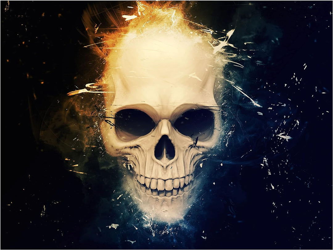 wandmotiv24 Totenkopf Wandbild aus Acrylglas, Grösse 100x75cm, Querformat, Schädel Blau Orange, Rauc