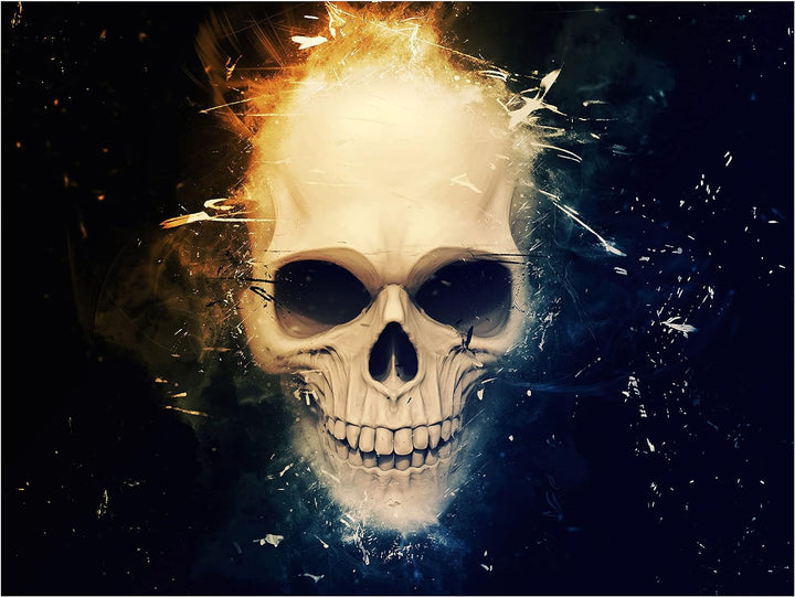 wandmotiv24 Totenkopf Wandbild aus Acrylglas, Grösse 100x75cm, Querformat, Schädel Blau Orange, Rauc