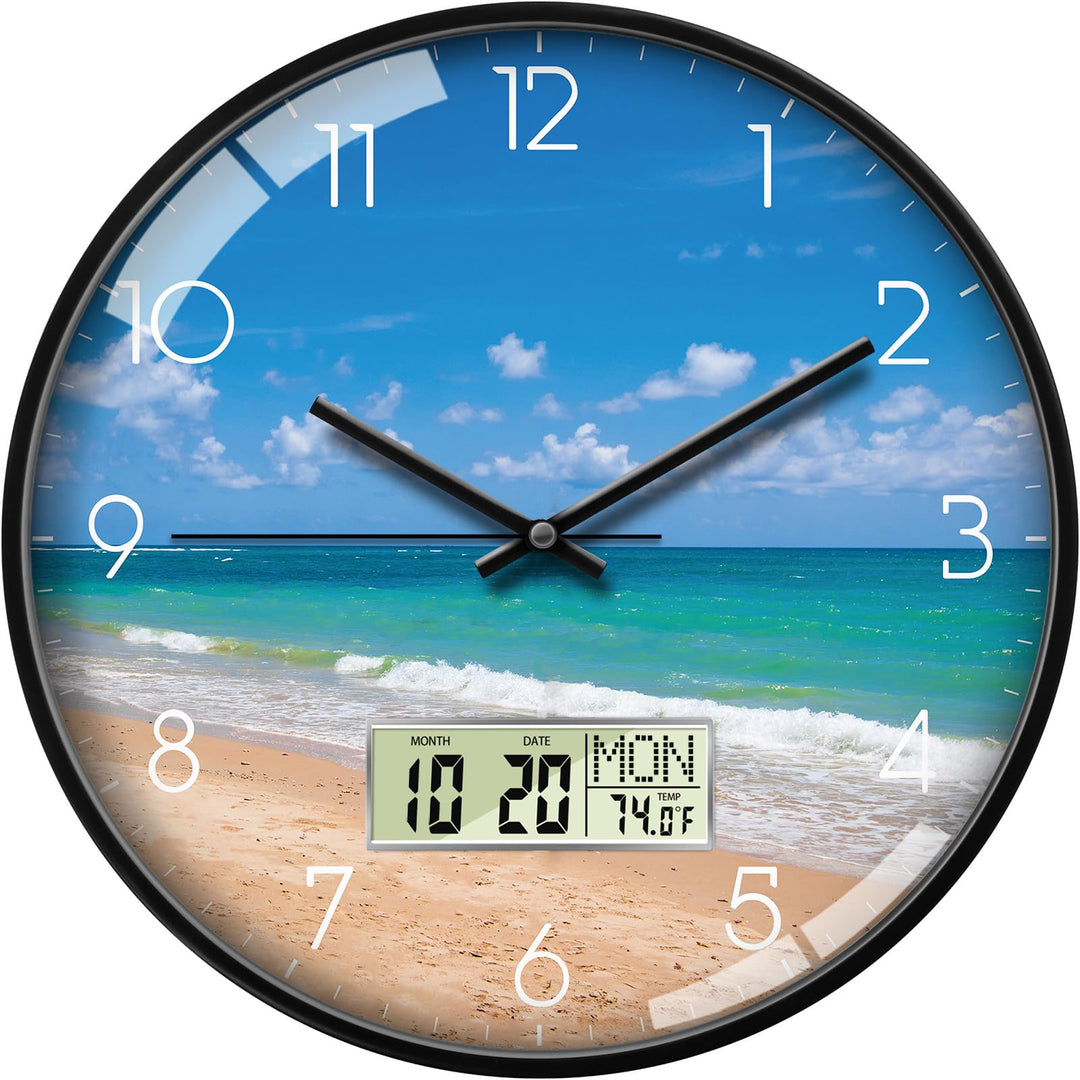 Moderne LCD-Wanduhren, Ozeanwelle, Meer, Strand, leise, digitale Wanduhr, grosses Display, nicht tic