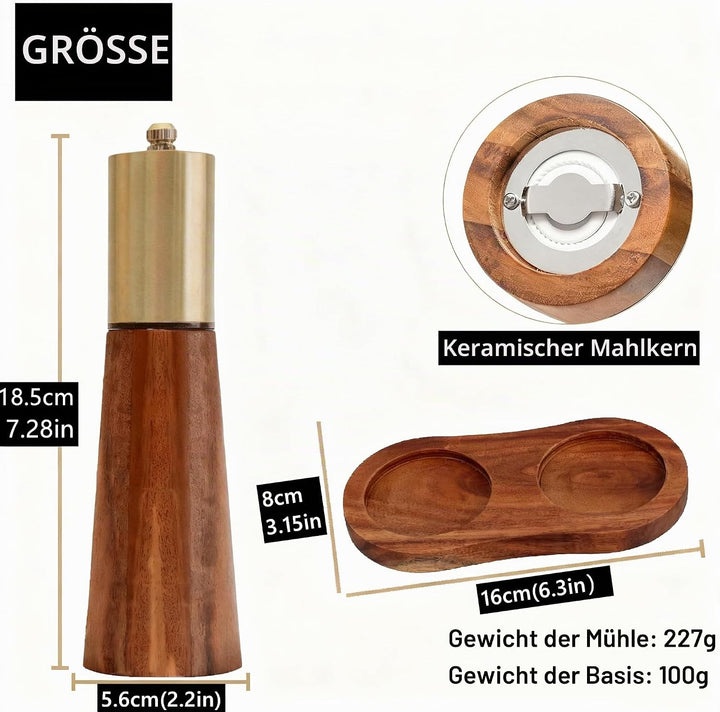 Salz und Pfeffermühlen Set aus Holz mit Sockel manuelle Pfeffermühlen Verstellbarer Keramikkern, Aka