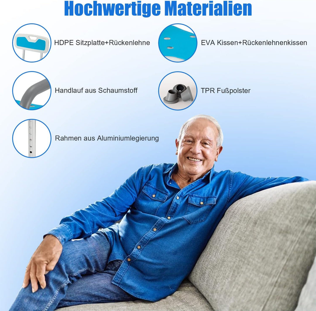 Duschhocker für senioren Badhocker mit Abnehmbarer Armlehne und Rückenlehne Duschstuhl Höhenverstell