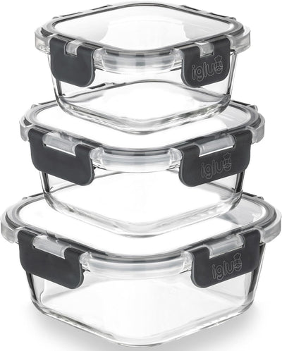 Igluu Meal Prep - Stapelbare quadratische Behälter aus Glas (3 Stück) – BPA-freie auslaufsicherer, l
