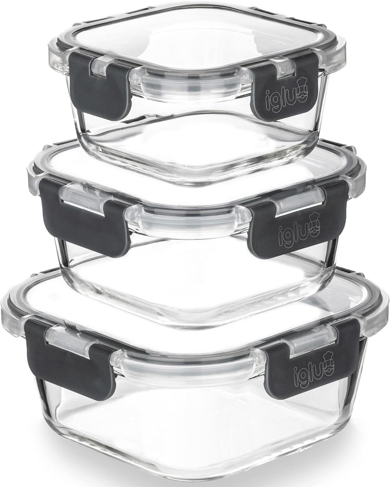 Igluu Meal Prep - Stapelbare quadratische Behälter aus Glas (3 Stück) – BPA-freie auslaufsicherer, l