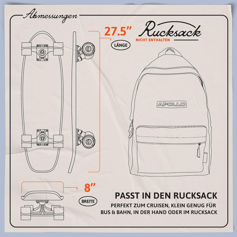 Apollo Mini-Longboard | Midi Cruiser als Komplett-Board, 70cm (30x8) | wendiges Kick Tail Mini Longb