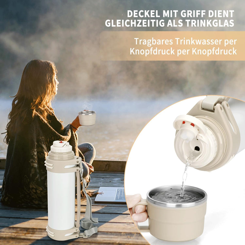 Thermosflasche 1,2L, Thermoskanne mit 2 Becher, Doppelwand aus Edelstahl Isolierflasche, Auslaufsich