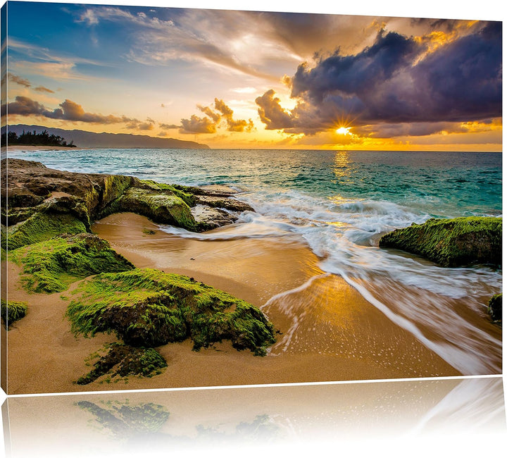 Sonnuntergang auf Hawaii, Format: 100x70 auf Leinwand, XXL riesige Bilder fertig gerahmt mit Keilrah