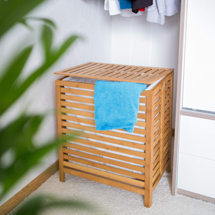 Relaxdays Wäschetruhe, Bambus, HxBxT: 60 x 50,5 x 35,5 cm, herausnehmbarer Wäschesack, Volumen 100 l