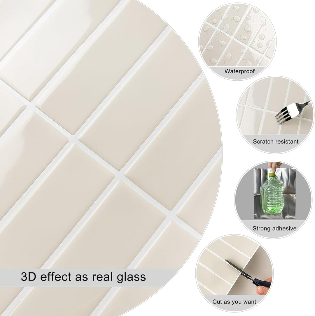 WoStick Beige Wandfliesen Selbstklebend, 3D Peel and Stick Tiles für die Küche, leicht zu Reinigen,