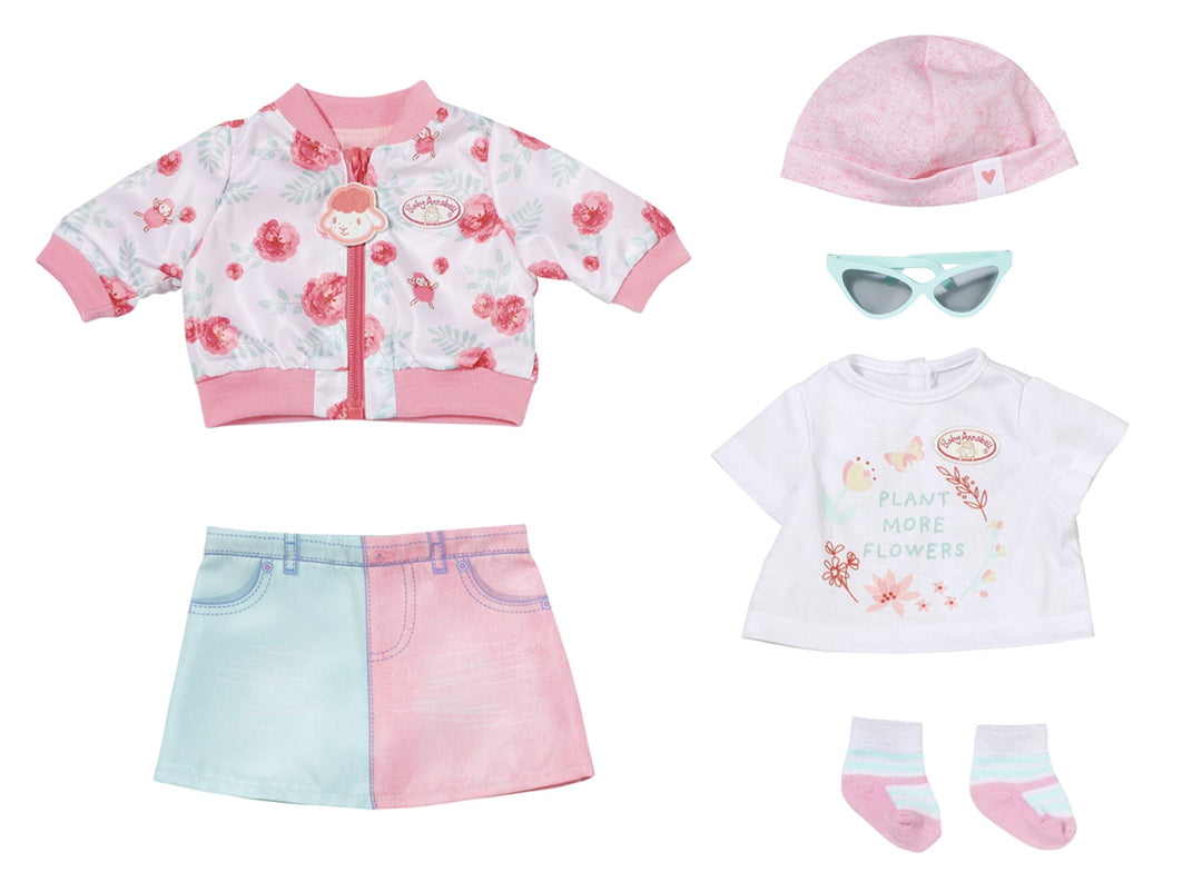 Baby Annabell Deluxe Frühling Outfit, Puppenkleidung Set bestehend aus rosa Puppenjacke, Rock, Mütze
