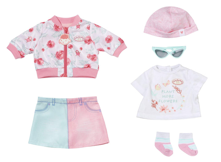 Baby Annabell Deluxe Frühling Outfit, Puppenkleidung Set bestehend aus rosa Puppenjacke, Rock, Mütze