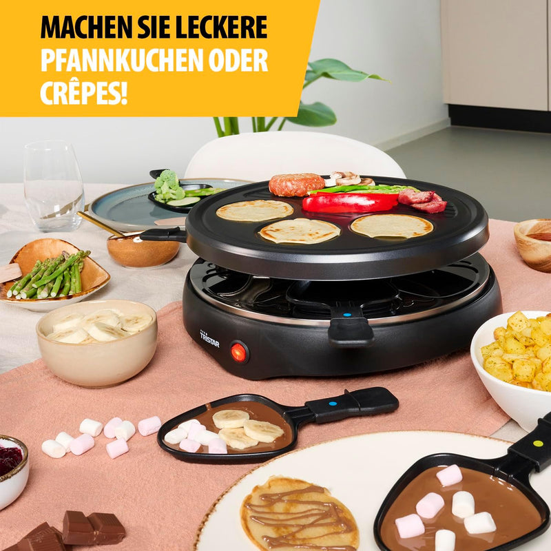 Tristar Raclette für bis zu 6 Personen mit 6 Pfännchen und Crêpe-und Grill-Bereich/Durchmesser 29 cm