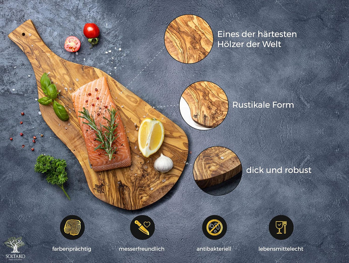 SOLTAKO Schneidebrett Olivenholz mit Griff "The Rustic BBQ", Olivenholzbrett rustikal (43-45 cm) 45