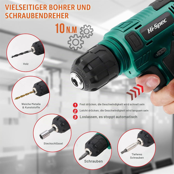 Hi-Spec Akuschrauber Set in Grün. Akkubohrer, Stecknüsse und Schrauberbits alles in einem tragbarem