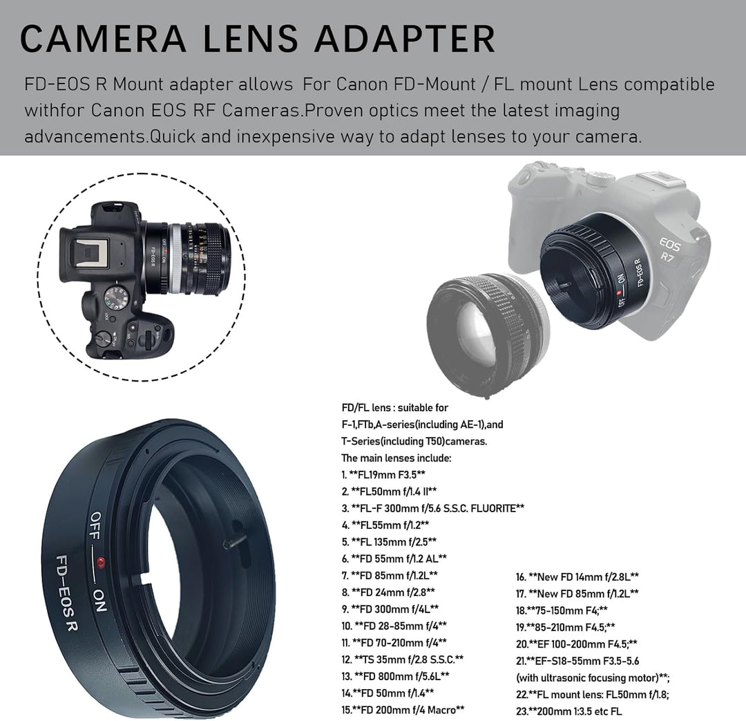 FD-EOS R Objektivadapter Adapterring auf für Canon FD/FL Objektiv Kompatibel für EOS R-Mount Kamera