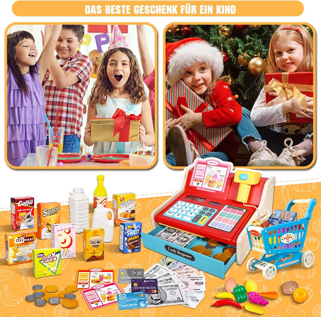 Kasse Kinder Holz mit Scanner und Sound, Spielkasse Kinder Set für Jungen Mädchen ab 3-6 Jahren, Ele