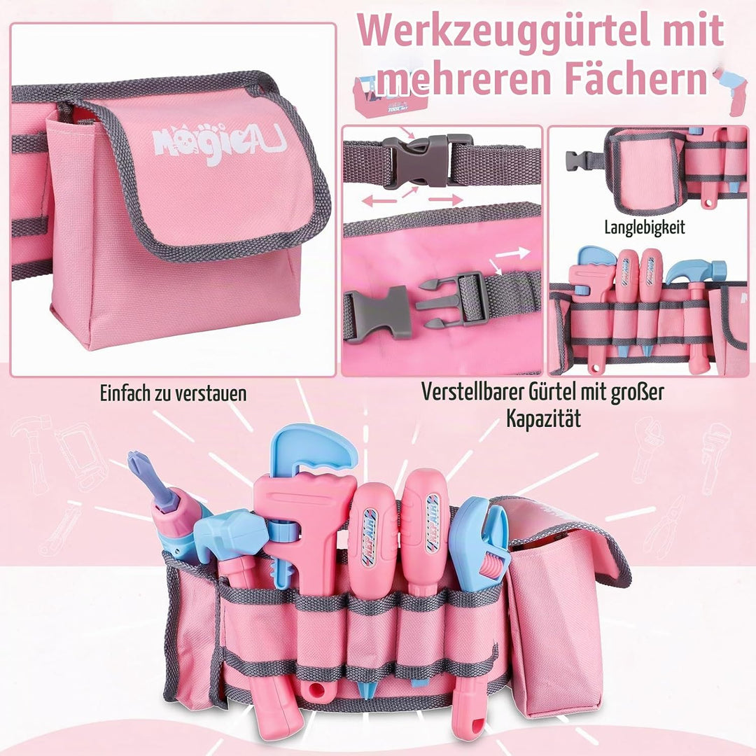 Magic4U Werkzeugkoffer Kinder,Werkzeuggürtel,Bohrerspielzeug,Werkzeugkasten,Bauwerkzeug Spielzeug,Ki